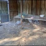 A small cage with a bowl of food and a spoon inside.