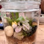A small glass vase filled with a variety of plants and rocks, including a frog figurine.