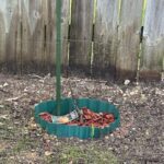A small tree is growing in a red pot, surrounded by a fence.