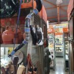 A store with a variety of items, including a large horn and a bag.