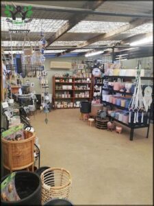 A store with a variety of items, including a large selection of vases.