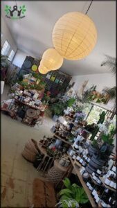 A store with a variety of potted plants and jars.