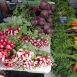 A table full of fresh vegetables, including radishes and carrots, is displayed for sale.