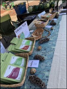 A table with a variety of items on it, including a basket of nuts, a bowl of pine cones, and a sign that reads "Kakadu Plum."