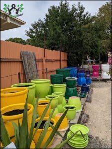 A variety of colorful pots are lined up outside, ready for planting.