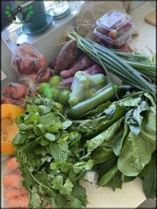 A variety of fresh vegetables and fruits are displayed on a table, including cucumbers, apples, and oranges.