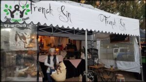 A woman is standing in front of a French bakery, holding a basket.
