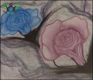 Two purple flowers with blue centers are blooming in a cloudy sky.