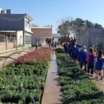 A group of children wearing blue jackets are walking down a path between rows of flowers.