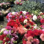 A large assortment of colorful flowers are displayed in a market setting, with a variety of red, pink, and white flowers among them.