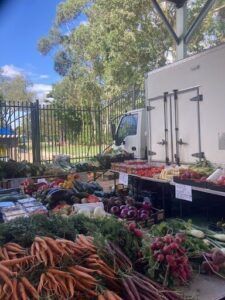 A large assortment of fresh vegetables are displayed in front of a white truck.
