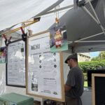 A man is standing in front of a menu board, likely at a food stand.
