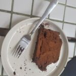 A slice of chocolate cake sits on a plate next to a fork.