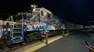 A train with a blue and white paint job is parked on the tracks.