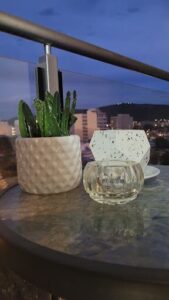 A white vase with a cactus in it sits on a table next to a glass vase.
