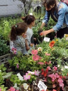 A woman is showing two young girls a variety of flowers at a nursery.