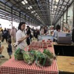 A woman stands at a table with bags of strawberries, looking at her cell phone.