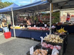 A woman stands behind a table filled with fresh produce, including potatoes and apples.
