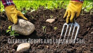 clearing debris and loosening soil
