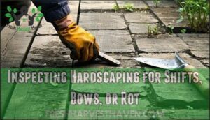 inspecting hardscaping for shifts, bows, or rot