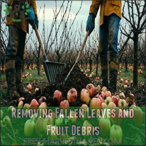 removing fallen leaves and fruit debris