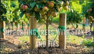 supporting trees with stakes and ties