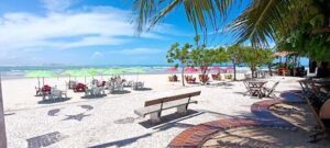 A bench sits on a sandy beach, overlooking the ocean and providing a place to relax and enjoy the view.