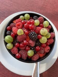 A bowl of mixed fruit, including berries and green grapes, sits on a table.