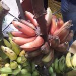 A bunch of bananas are displayed in a market, with a person standing nearby.