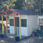 A colorful shed with a sign on the side.