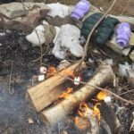A fire pit with marshmallows and a branch with a purple mitten on it.