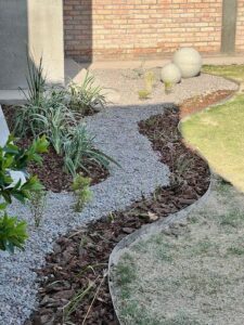 A garden pathway is lined with various plants and rocks, creating a visually appealing and natural atmosphere.
