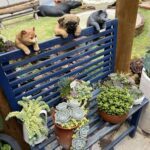A group of toy dogs are sitting on a blue bench, surrounded by various potted plants.
