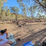 A large group of people are gathered in a field, sitting on blankets and enjoying the outdoors.