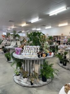 A large white table with a variety of items on it, including a potted plant, a vase, and several books.