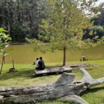 A man and a woman sit on a bench overlooking a lake, enjoying the serene view.