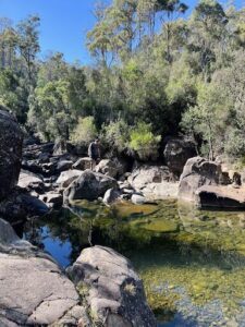 A man stands on a rock near a river, taking in the beauty of the surrounding landscape.