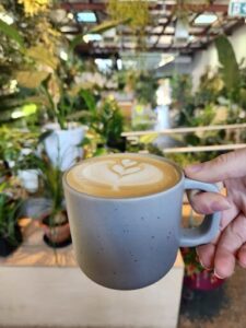 A person is holding a cup of coffee with a heart-shaped foam on top.