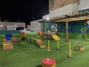 A playground with a slide and a swing set.