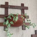 A potted plant hangs from a wooden structure, adding a touch of greenery to the space.