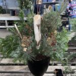 A potted plant with a tree branch in it sits on a table.