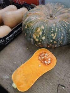 A pumpkin is cut in half and placed on a table next to a pumpkin seed.