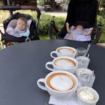 A table with four cups of coffee and a baby in a stroller.
