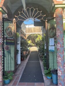 A walkway between two buildings is lined with potted plants and a sign that says "We believe in the power of plants."