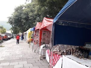 A woman walks past a street market with a variety of items for sale.