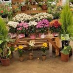 A wooden crate filled with various flowers and plants.
