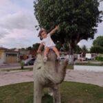 A young boy is sitting on top of an elephant statue, enjoying the unique experience.