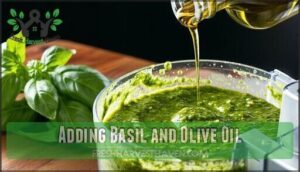 adding basil and olive oil