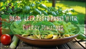 basil-leek pesto pasta with cherry tomatoes