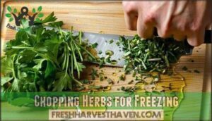 chopping herbs for freezing